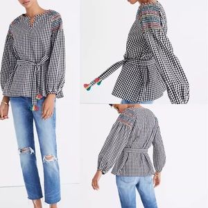 MADEWELL SMOCKED BLACK & WHITE GINGHAM TOP SZ XXS